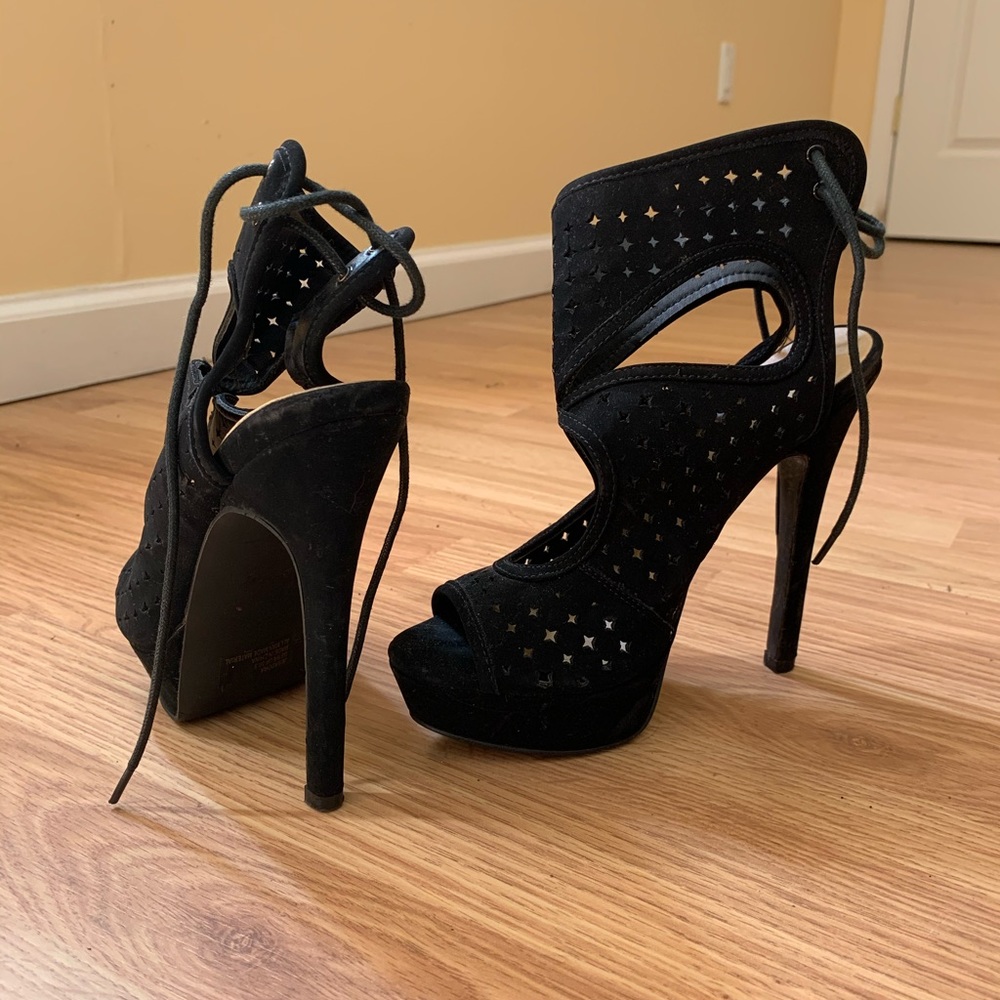 Black lace up peep toe heel justfab